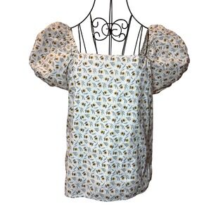 Lucca Womens Sunflower Floral Puff Sleeve Smocked Back Blouse White Yellow